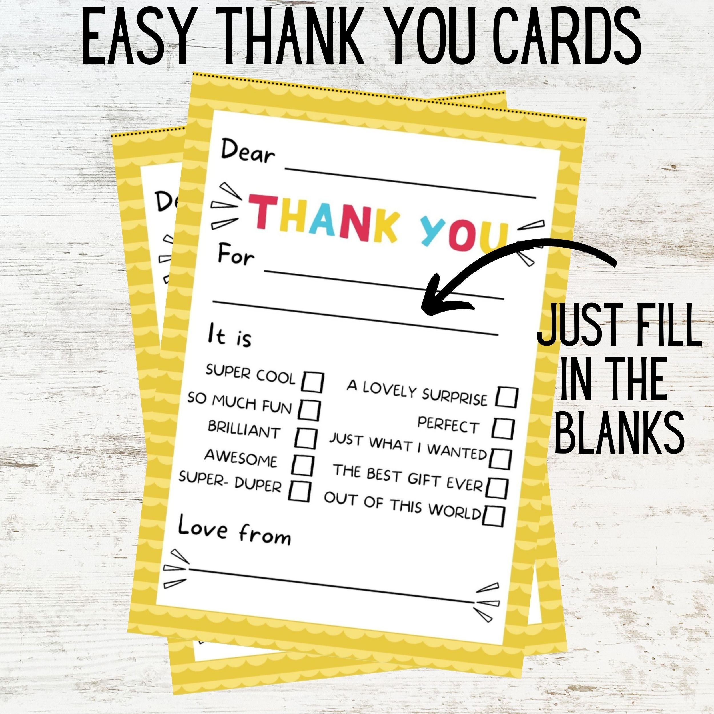 PRINTABLE Thank You Cards For Kids Fill In The Blanks Thank You Card Easy Thank You Note For Birthday Thank You Or Christmas Thank You Etsy