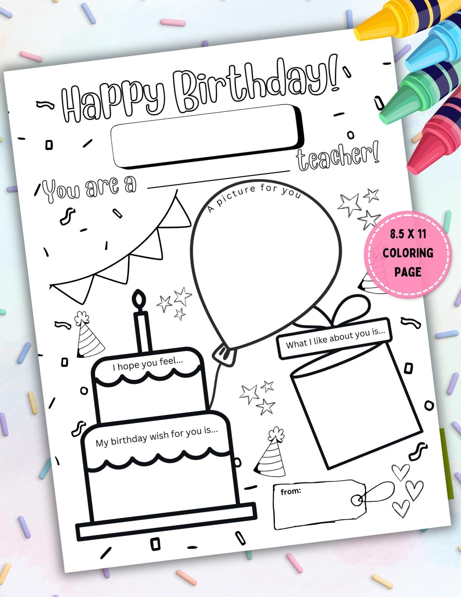 Teacher Birthday Card Printable Fill in Coloring Page PDF Etsy Israel