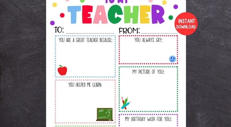 Teacher Birthday Card Printable Kids Birthday Card For Teachers Teacher Keepsake Kids Fill In The Blank Birthday Card For Teacher Etsy