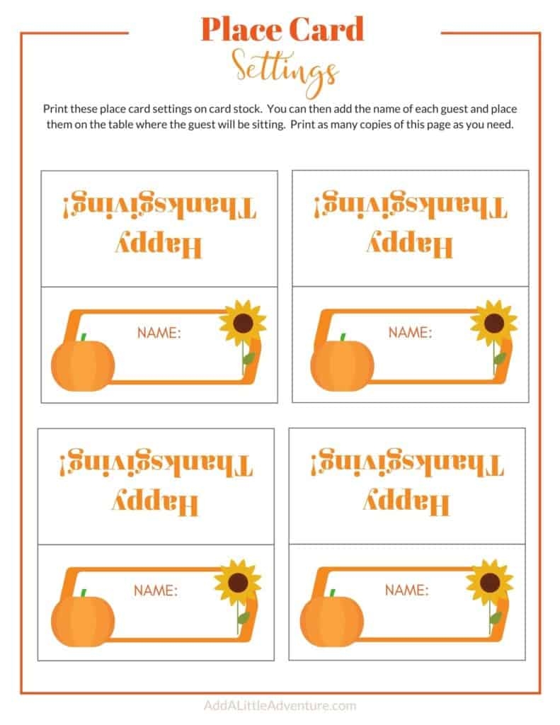 Thanksgiving Place Cards Printable DIY Template Add A Little Adventure