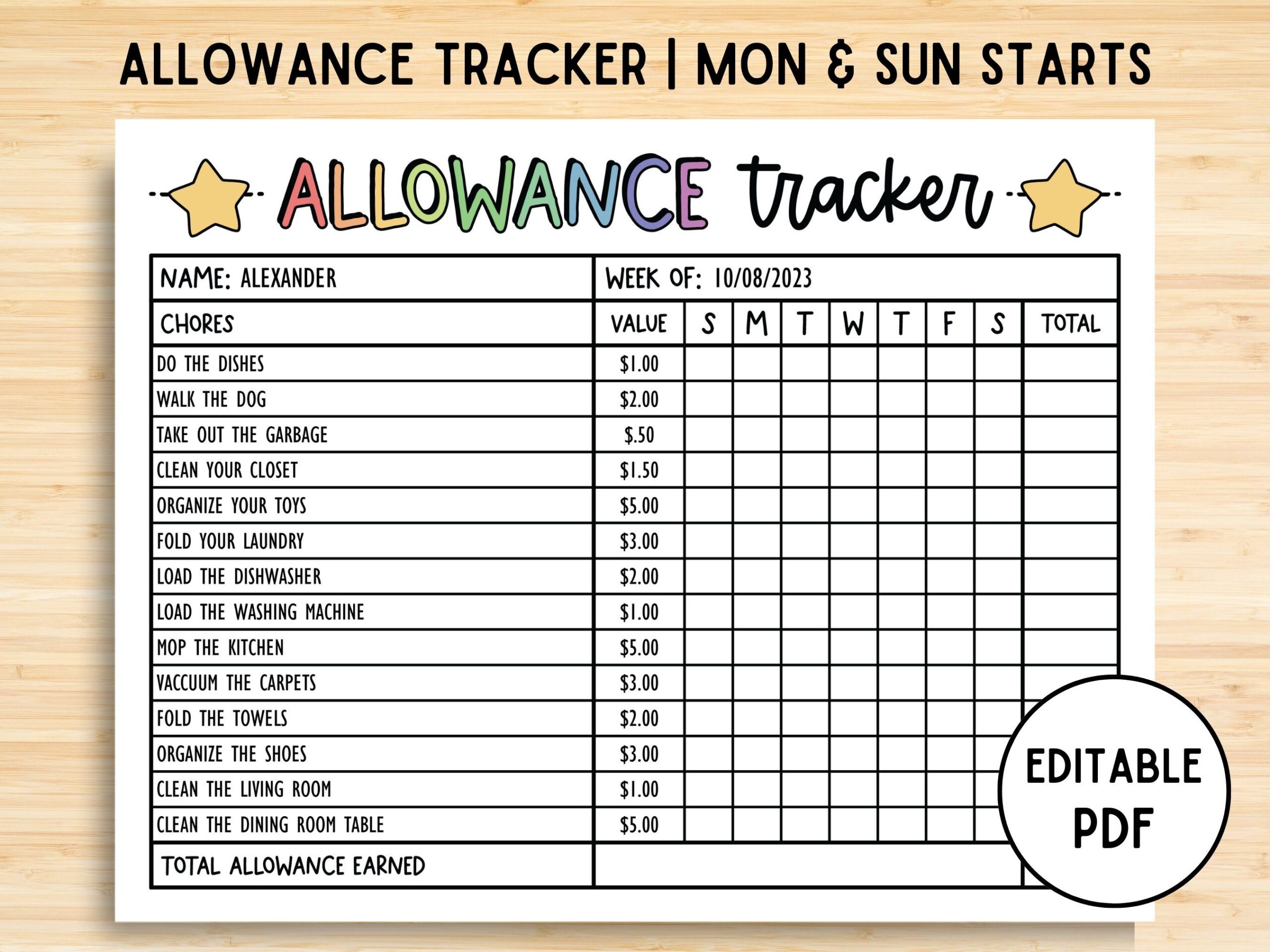 To Do List For Kids Allowance Tracker Weekly Allowance Chore Chart Editable Allowance Chart For Kids Earn Money Chart Money Reward Chart Printable PDF Daily Chore Chart For Adults